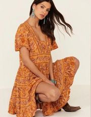 Patrons of Peace orange yellow paisley boho short sleeve tiered dress S