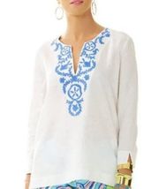 Lilly Pulitzer  Amelia Island Linen tunic white w/ blue embroidery - Small