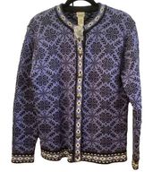 L.L Bean cotton cardigan sweater jumper medium blue Nordic fair isle metal butto