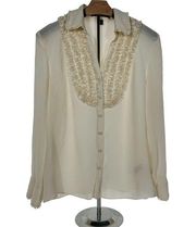 | Josephine Chaus | Ivory Chest Ruffles Silk Long Sleeve Button Up Blouse - 12