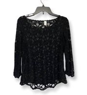 By H&M Womens Blouse Black Floral Long Sleeve Scoop Neck Sheer Lace 6