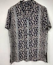 Style Exchange Silk Leopard Print Button Front Collared Shirt Women Size M