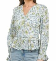 7 For All Mankind Floral Boho Cottagcore Eyelet Ruffle Top Blue Green L