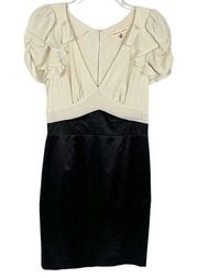 Ivory Black Silk Blend Satin Ruffle Sleeve Sheath Dress Women’s 4