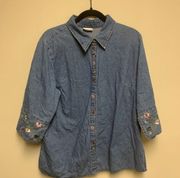 Fashion Bug Vintage 3/4 Sleeve Button Down Blue Denim Floral **SEE MEASUREMENTS*