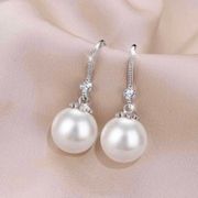 925 Silver Plated White Pearl Dangle Drop Earrings for Women