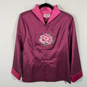 Vintage Magenta Pink Lotus Embroidered Button Up Tradition Chinese Jacket