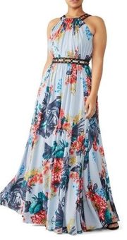 Badgley Mischka Floral Grommet Maxi Blue Gown Sleeveless Cocktail Size 8