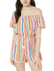 Bebop  Women's Striped Short Off Shoulder Sleeve PomPom Trim Romper sz Jr's L