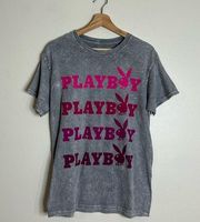 Playboy Logo Graphic T-shirt Women Medium Gray Acid Wash Short Sleeve