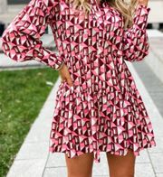 FATE Geometric Baby Doll Long Sleeve Mini Dress Pink Sz S