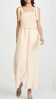 Rebecca Taylor Tie Shoulder Smocked Linen Tencel Jumpsuit in Cream