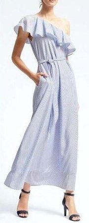Banana Republic Womens Cold Shoulder Poplin Ruffle Maxi Dress Blue White XS NWOT