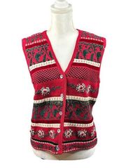 Size S Red Green Knit Embroidered Button Up Sweater Vest Vintage