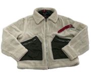 Alpha Industries  Jacket Women Small Cream Green Sherpa Zip Up Collar Bomber Poly