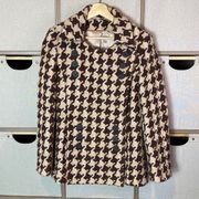 Brown and pink double breasted houndstooth wool pea coat