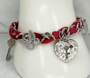 Red Velvet Woven Heart Key Bow Love Charm Silver Tone Bracelet