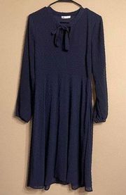 David’s Bridal Navy Blue Tie Dot Long Sleeve Dress Size S