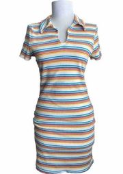 VTG No Comment 90’s Y2K Striped Bodycon Polo Style Ribbed Shirt Dress approx SM