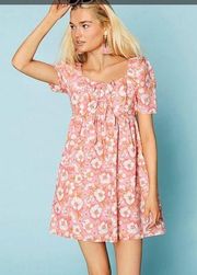 Copper Key Floral Print Tie Front Puff Sleeve Babydoll Dress