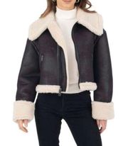 Frye Vegan Leather Faux Shearling Crop Jacket Bomber Aviator Womens Size Large