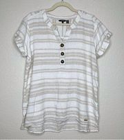 Ellen Tracy Linen Blend Half Button Striped Short Sleeves Top