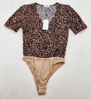 WAYF Womens Size XS Animal Print Surplice Neck Puff Sleeve Bodysuit