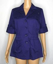 Joan Rivers Utility Jacket Roll Tab Sleeves 3/4 6 Pockets Lightweight Blue