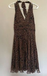 MIXIT Brown Black Print 100% Silk Halter Fit & Flare Knee Length Dress Womens 12