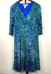 Maggy London Blue Green Animal Print 3/4 Sleeve Empire Waist Fit & Flare Dress