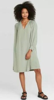 Balloon Sleeve V-Neck Oversized Mini Tunic Dress Green XS