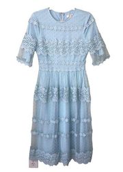 Just Me Womes Size S Dress Midi Lace Short Sleeves Blue Cottage Modest Party