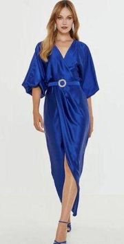 Amanda Uprichard dress medium puff sleeve drape long pencil royal blue NWT silk