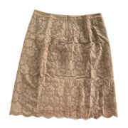 Mango Skirt Womens 8 Tan Floral Eyelet Overlay Straight A Line Zip Scallop Hem