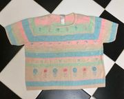 Vintage 90s Koret Francisca Pastel Floral Embroidered Knit Short Sleeve Sweater