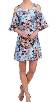 Taylor Pastel Blue Spring Floral Cold Shoulder Shift Dress Size 6 Small