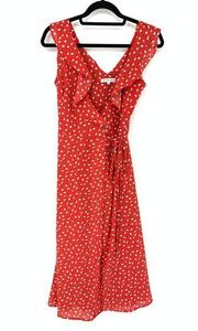 Heartloom Women's XS Sleeveless Ruffle Floral Print Midi Wrap Dress V-Neck Red