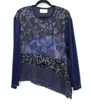 Spencer Alexis Top Women's Sz 12 Floral Velvet Burnout Asymmetrical Blouse Blue