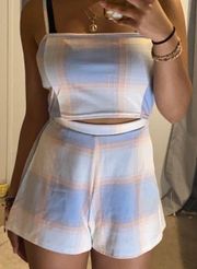 Plaided Blue And Pink Cut Out Romper 
