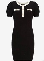 EXPRESS NEW  Black & White Puff Sleeve Gold Button Sweater Dress Size Medium