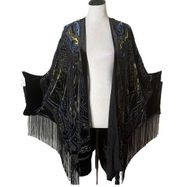 Chicos Velvet Burnout Kimono Fringe Trim Black Green Open Front Duster Size L XL