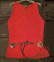 C’EST City burgundy/deep red sweater tunic w/ leather & wood tie belt size L