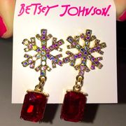 Holiday Winter Sparkle Snowflake Earrings, Red Drop Rhinestone