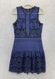 Devlin Women's Dress Laser Cut Sleeveless Size Medium A Line Blue Black Lined