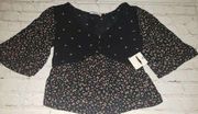 Nwt Arizona Jean Co Jrs Size Xs Black Floral Bell Sleeve Blouse