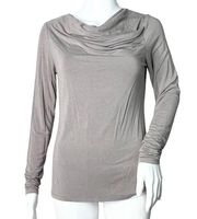 Elie Tahari Wide Boat Neck Pleat KnitTop Gray Tan Long Sleeve Jersey Knit