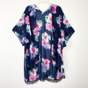 Dressbarn Navy & Pink Floral Fringed Hem Kimono Cardigan One Size Fits Most