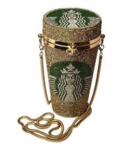 NEW LG Starbucks Coffee Cup Gold AB Crystal Rhinestone HANDBAG Purse Bag Chain