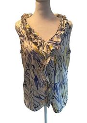 Sleeveless Ruffled Blouse White with Yellow, Purple & Black Squiggly