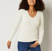 St John’s Bay Women’s Cream Off White Cozy Cable Knit Classic Sweater Top Medium